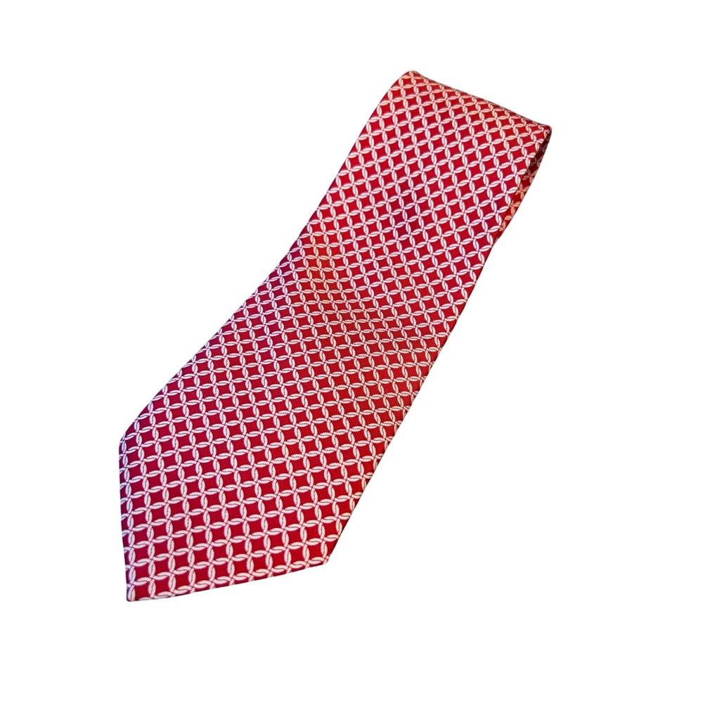 J.McLaughlin Men's Silk Necktie Red White Geometric Pattern Business Formal